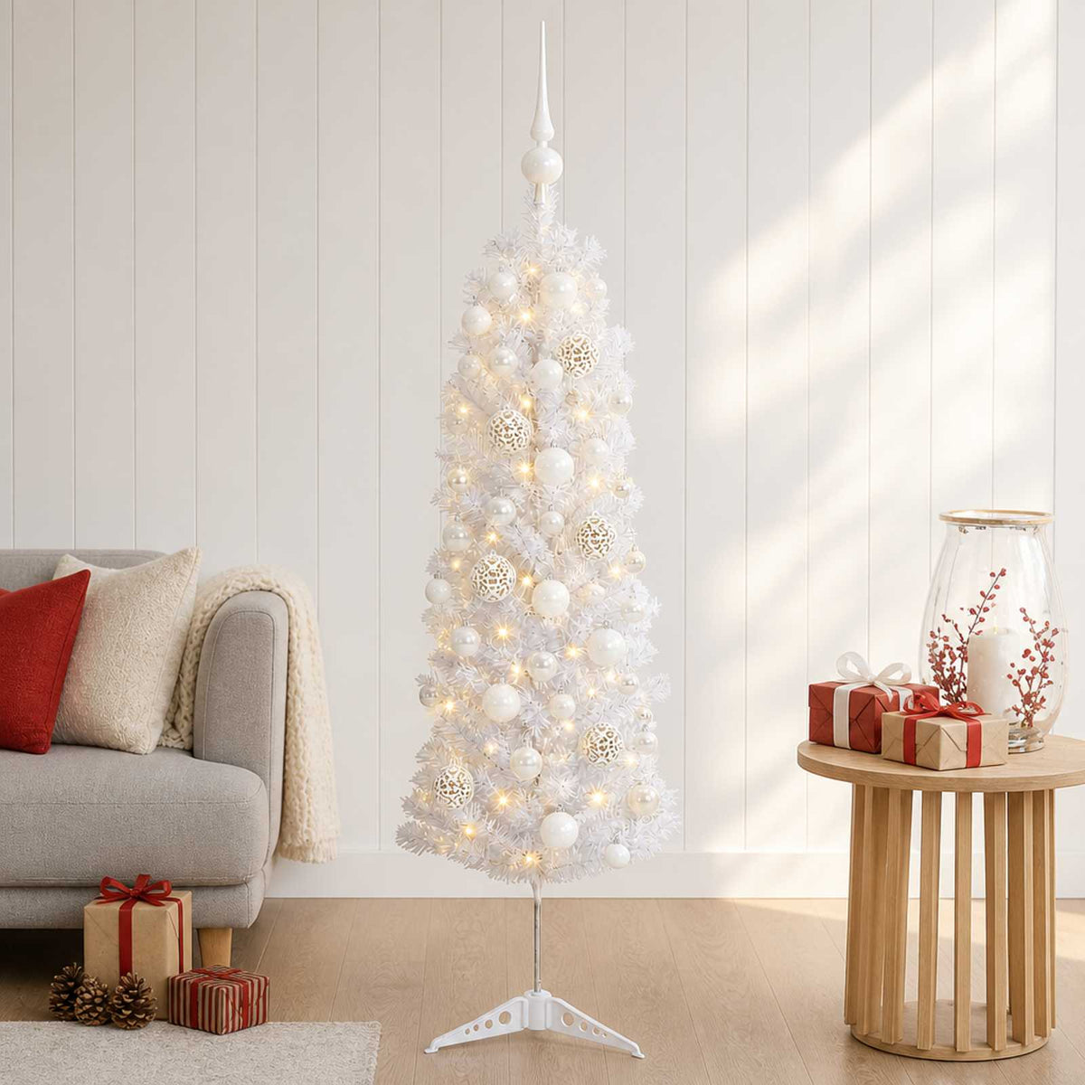 Artificial Slim Christmas Tree with Bauble 150 LEDs 150 cm with LEDs & white balls