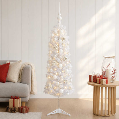 Artificial Slim Christmas Tree with Bauble 150 LEDs 150 cm with LEDs & white balls