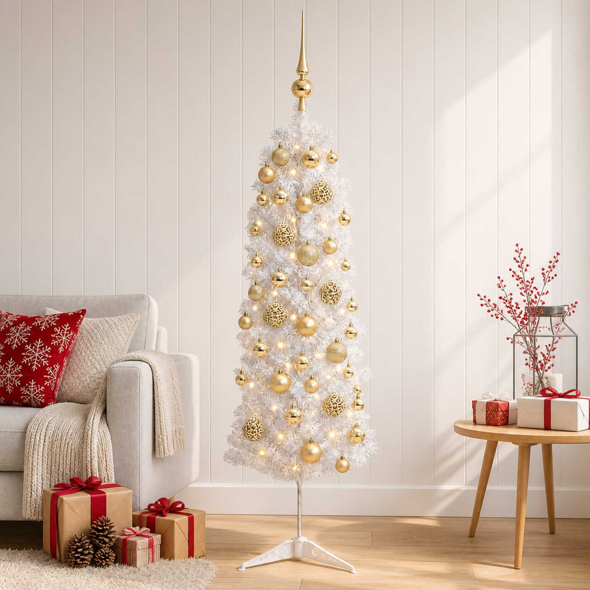 Artificial Slim Christmas Tree with Bauble 150 LEDs 150 cm with LEDs & gold/bronze balls