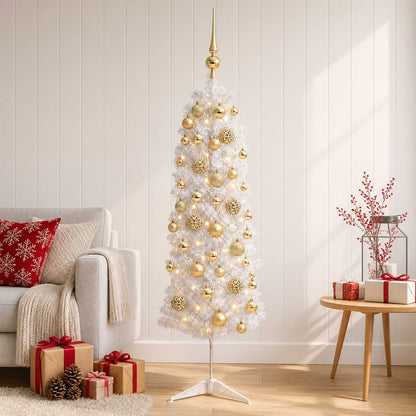 Artificial Slim Christmas Tree with Bauble 150 LEDs 150 cm with LEDs & gold/bronze balls