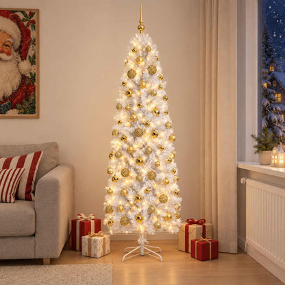 Artificial Slim Christmas Tree with Bauble 300 LEDs 180 cm with LEDs & gold/bronze balls