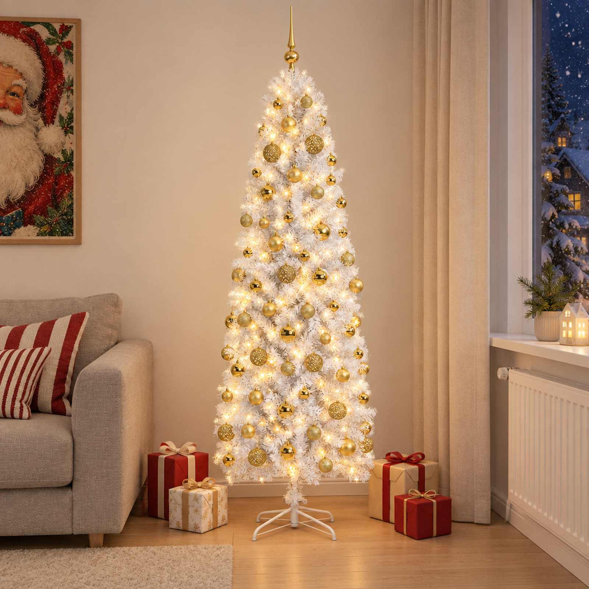 Artificial Slim Christmas Tree with Bauble 300 LEDs 240 cm with LEDs & gold/bronze balls