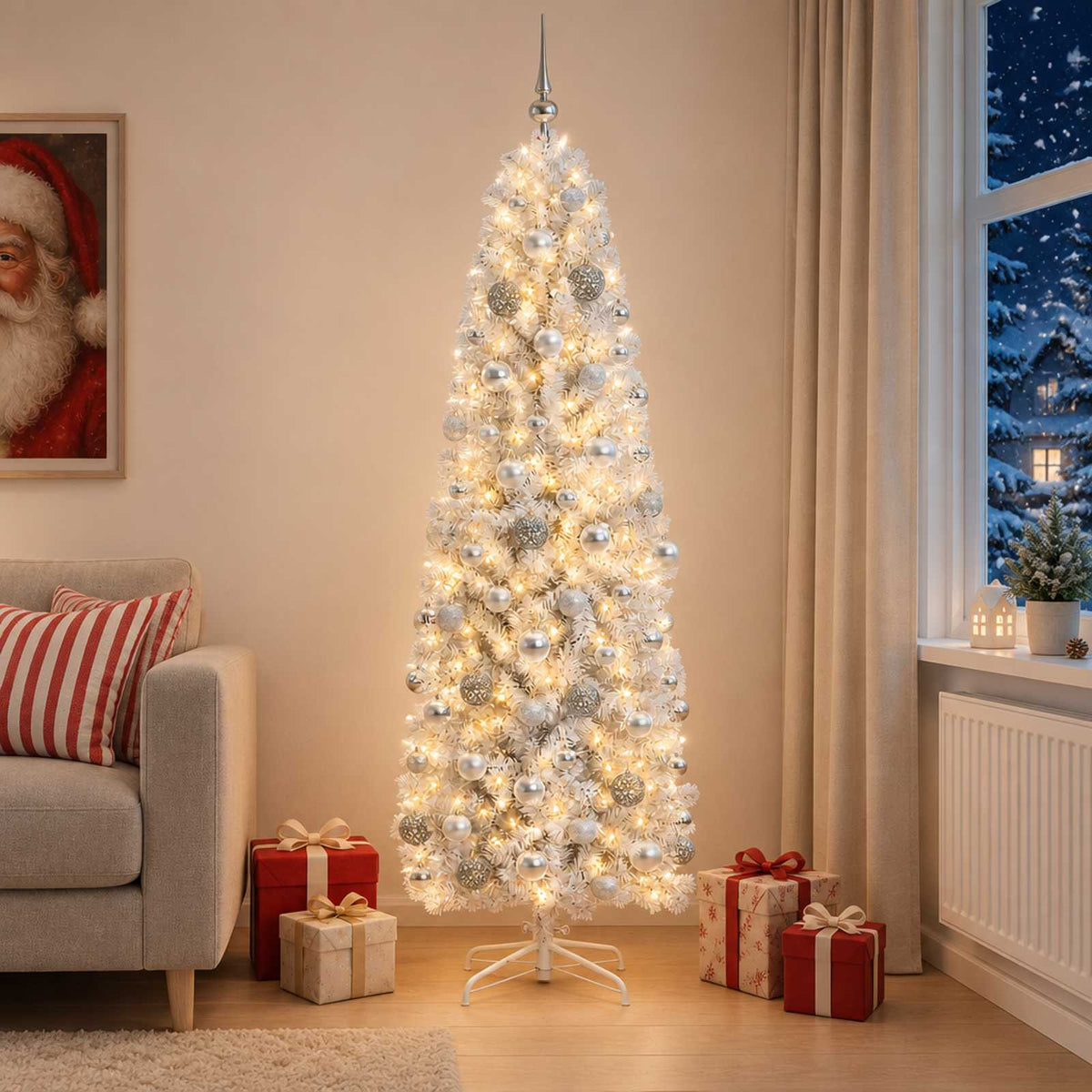 vidaXL Artificial Slim Christmas Tree with Bauble 210 cm 300 LEDs 1