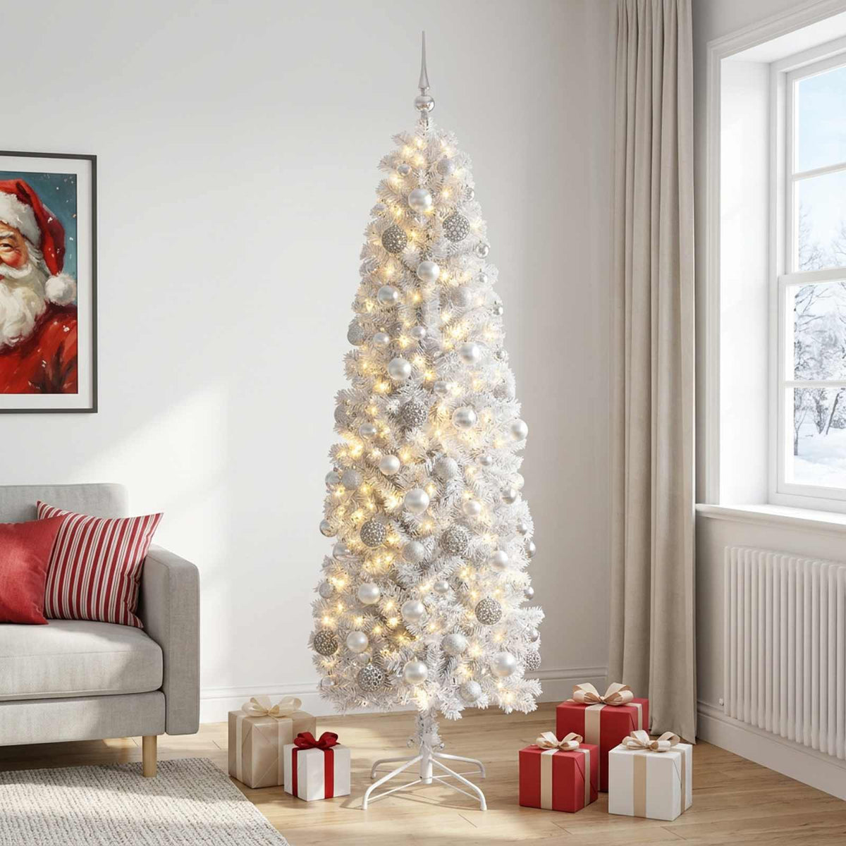 vidaXL Artificial Slim Christmas Tree with Bauble 210 cm 300 LEDs 3