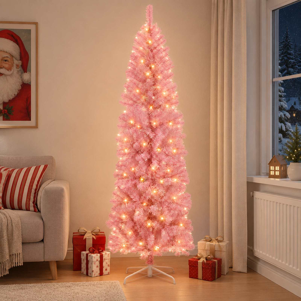 Artificial Slim Christmas Tree with Bauble 300 LEDs 240 cm with LEDs