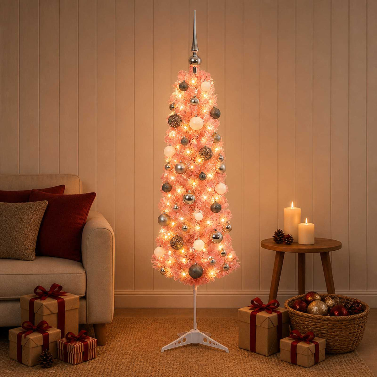 Artificial Slim Christmas Tree with Bauble 150 LEDs 120 cm with LEDs & white/grey balls