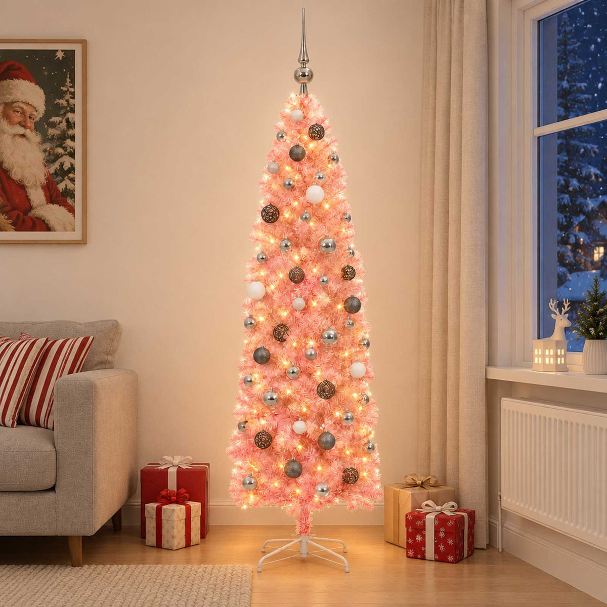 Artificial Slim Christmas Tree with Bauble 300 LEDs 180 cm with LEDs & white/grey balls