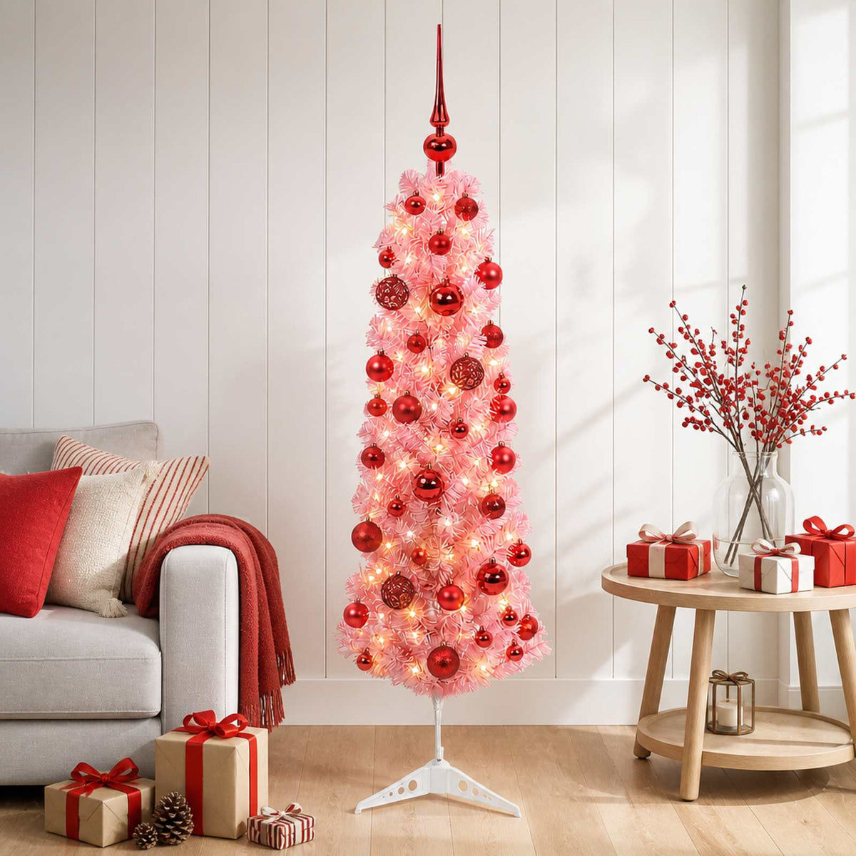 Artificial Slim Christmas Tree with Bauble 150 LEDs 150 cm with LEDs & red balls