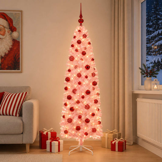 vidaXL Artificial Slim Christmas Tree with Bauble 240 cm 300 LEDs 1