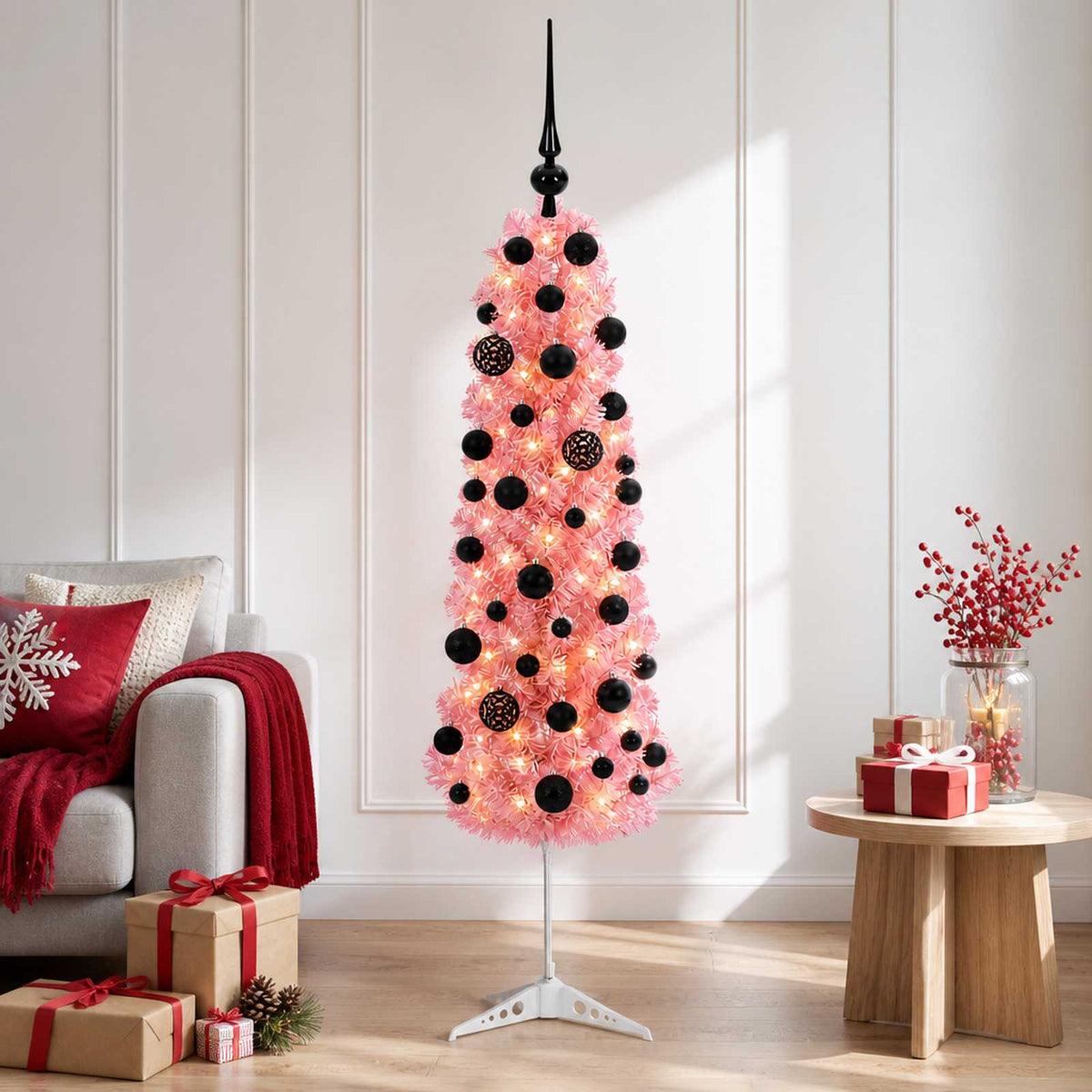 Artificial Slim Christmas Tree with Bauble 150 LEDs 150 cm with LEDs & black balls