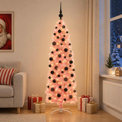 Artificial Slim Christmas Tree with Bauble 300 LEDs 180 cm with LEDs & black balls
