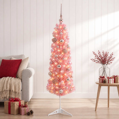 Artificial Slim Christmas Tree with Bauble 150 LEDs 150 cm with LEDs & pink balls
