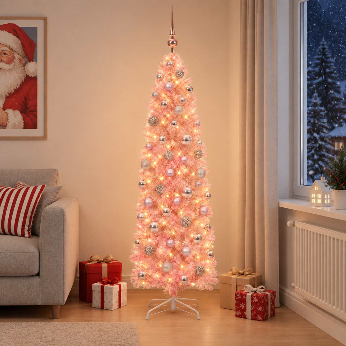 Artificial Slim Christmas Tree with Bauble 300 LEDs 240 cm with LEDs & pink balls
