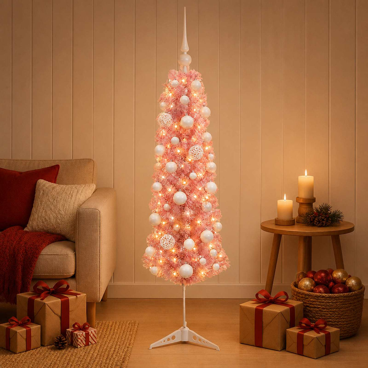 Artificial Slim Christmas Tree with Bauble 150 LEDs 150 cm with LEDs & white balls