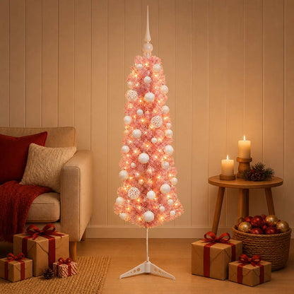 Artificial Slim Christmas Tree with Bauble 150 LEDs 150 cm with LEDs & white balls