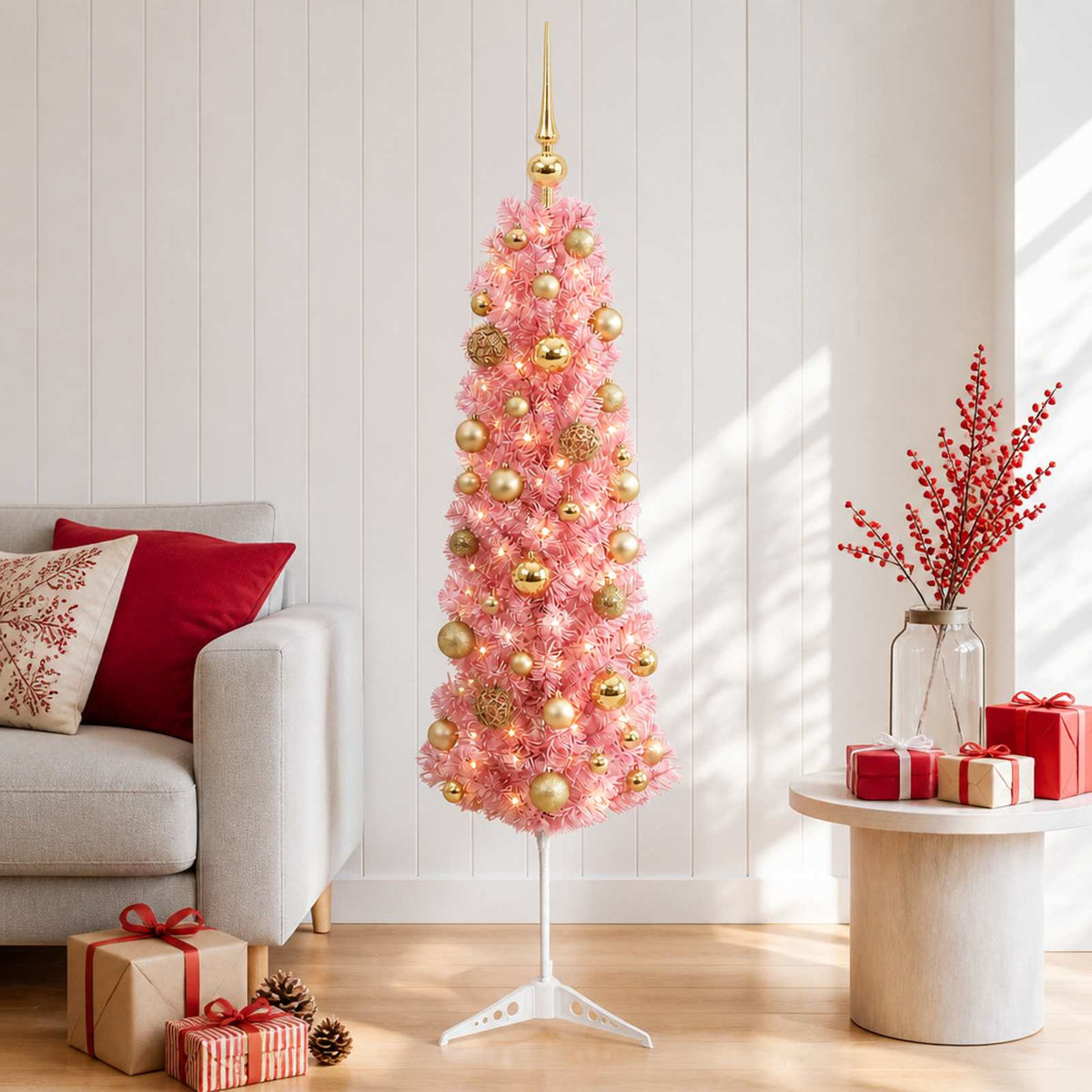 Artificial Slim Christmas Tree with Bauble 150 LEDs 150 cm with LEDs & gold/bronze balls