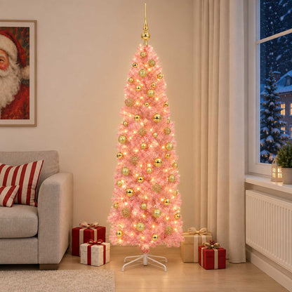 Artificial Slim Christmas Tree with Bauble 300 LEDs 240 cm with LEDs & gold/bronze balls