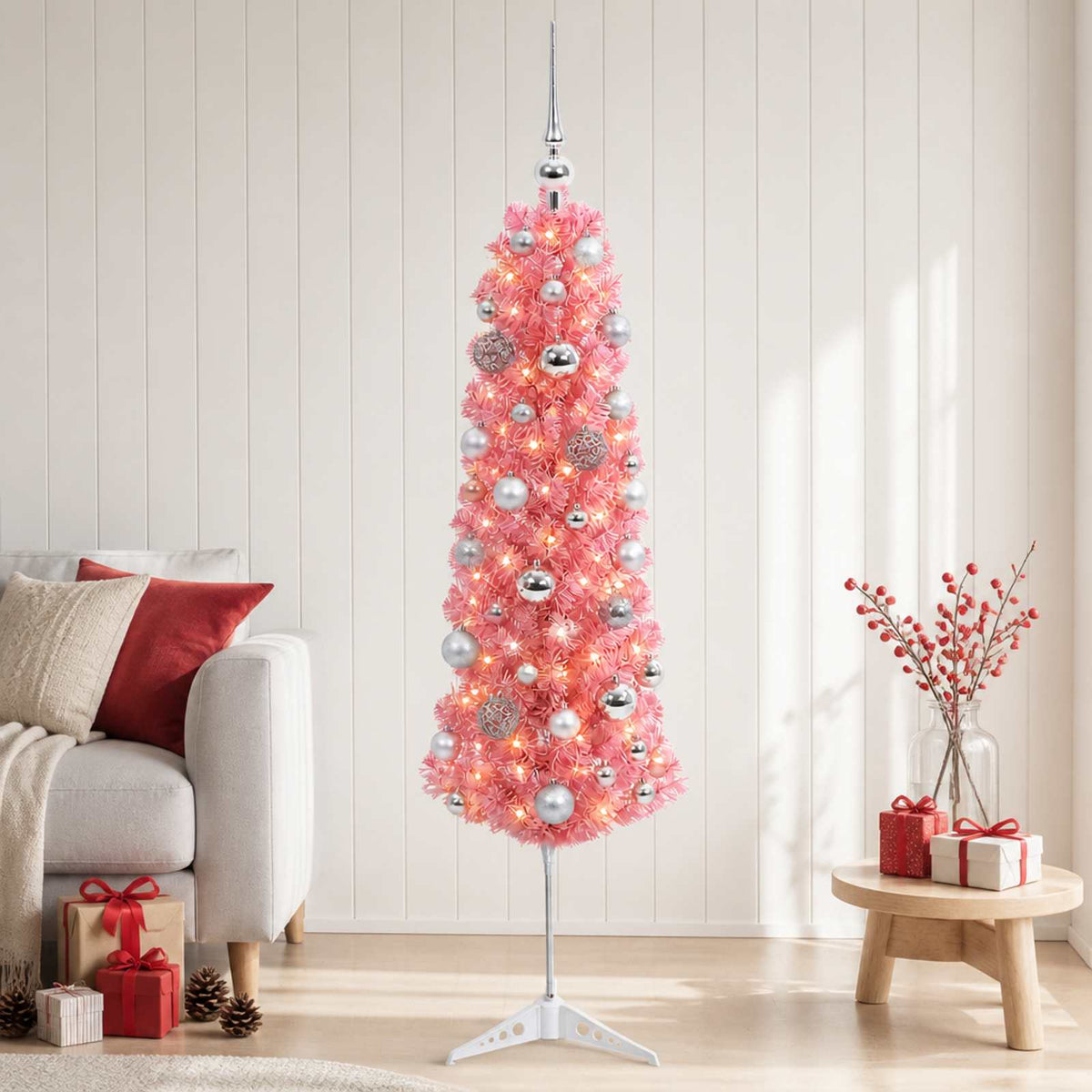 Artificial Slim Christmas Tree with Bauble 150 LEDs 120 cm with LEDs & silver balls