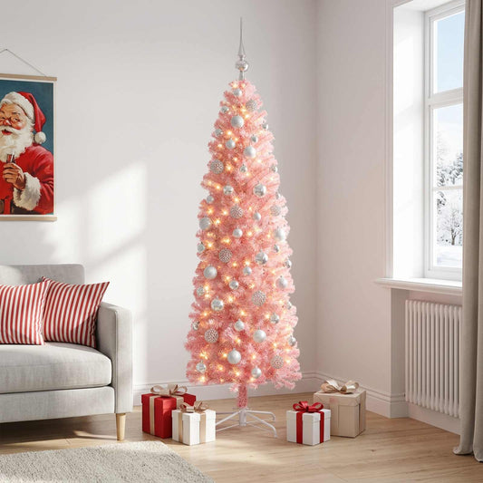 vidaXL Artificial Slim Christmas Tree with Bauble 240 cm 300 LEDs 1