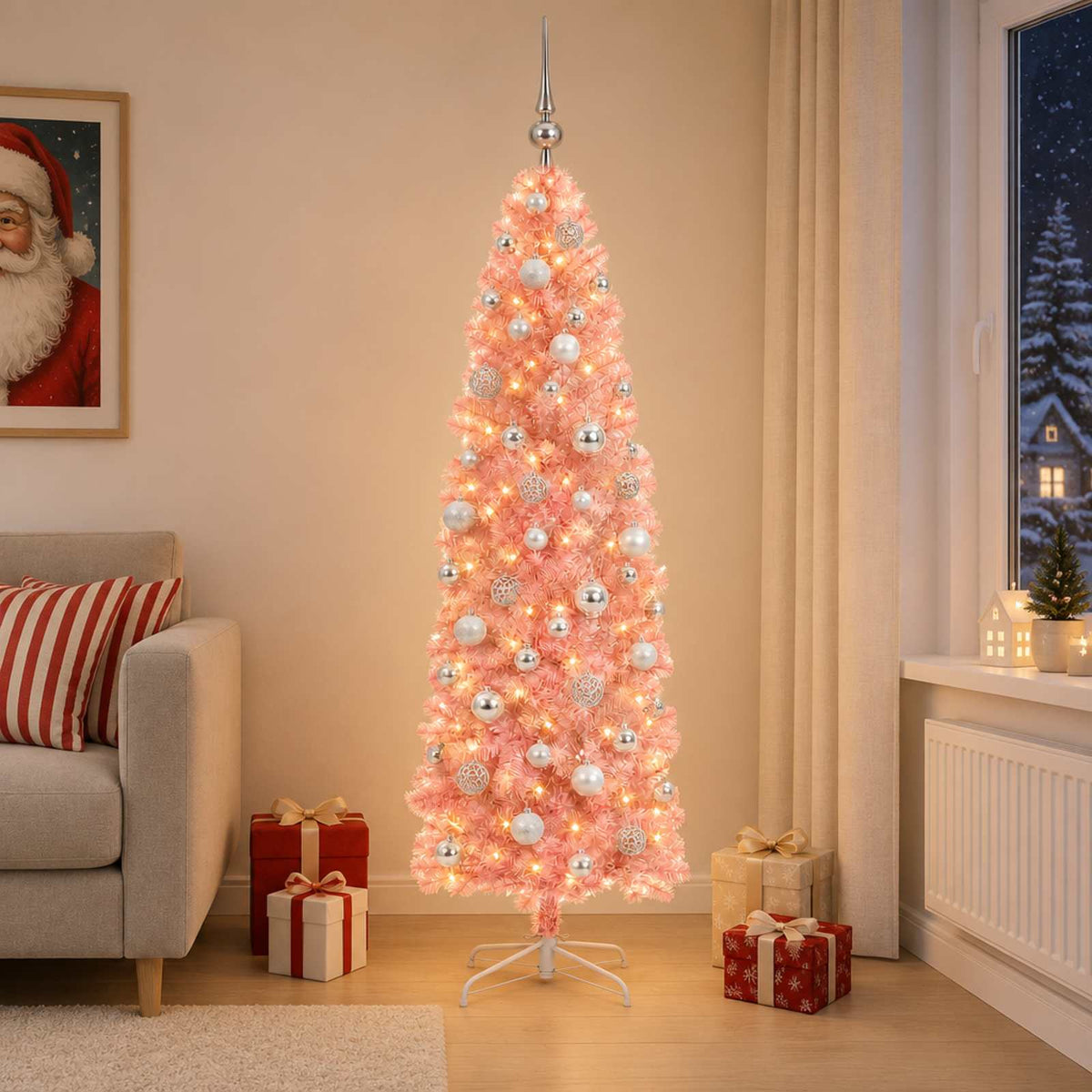 vidaXL Artificial Slim Christmas Tree with Bauble 240 cm 300 LEDs 3