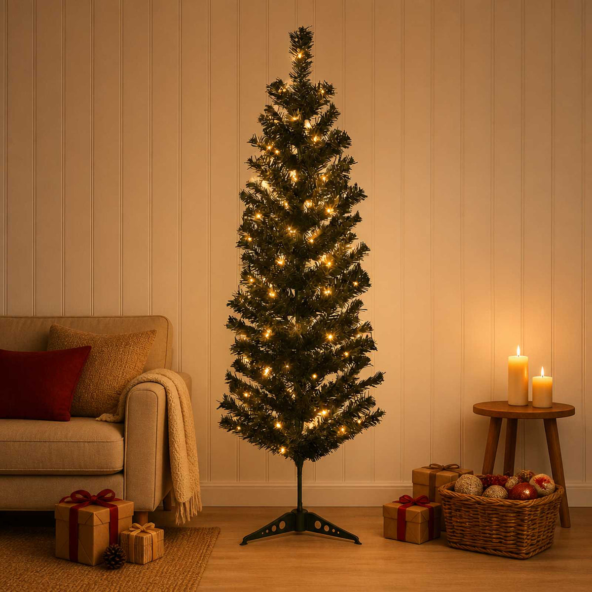 Artificial Slim Christmas Tree with Bauble 150 LEDs 150 cm with LEDs