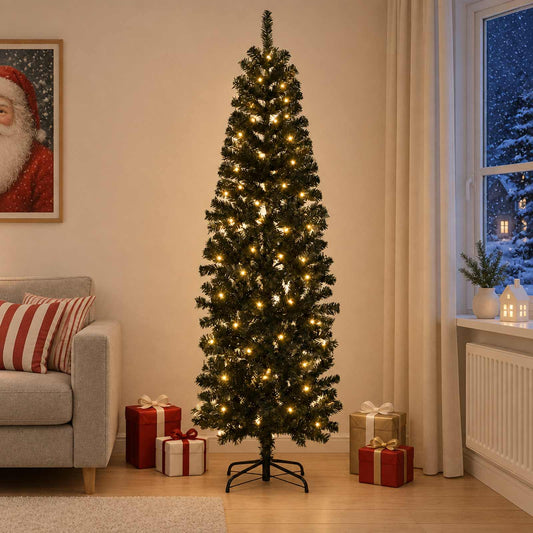 Artificial Slim Christmas Tree with Bauble 300 LEDs 180 cm with LEDs