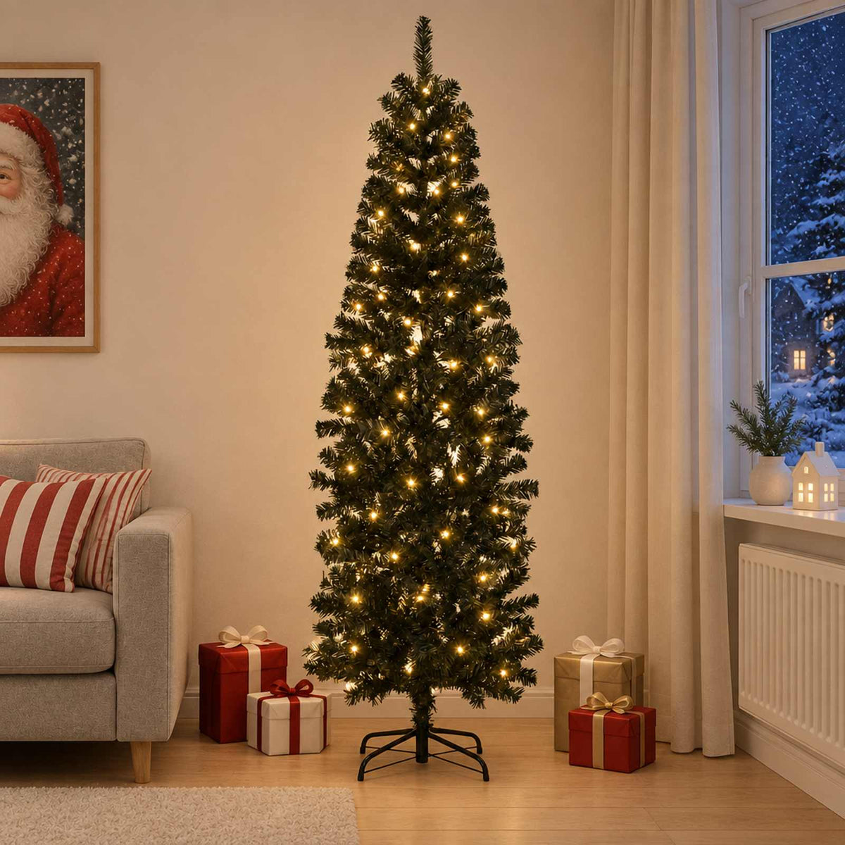 Artificial Slim Christmas Tree with Bauble 300 LEDs 210 cm with LEDs