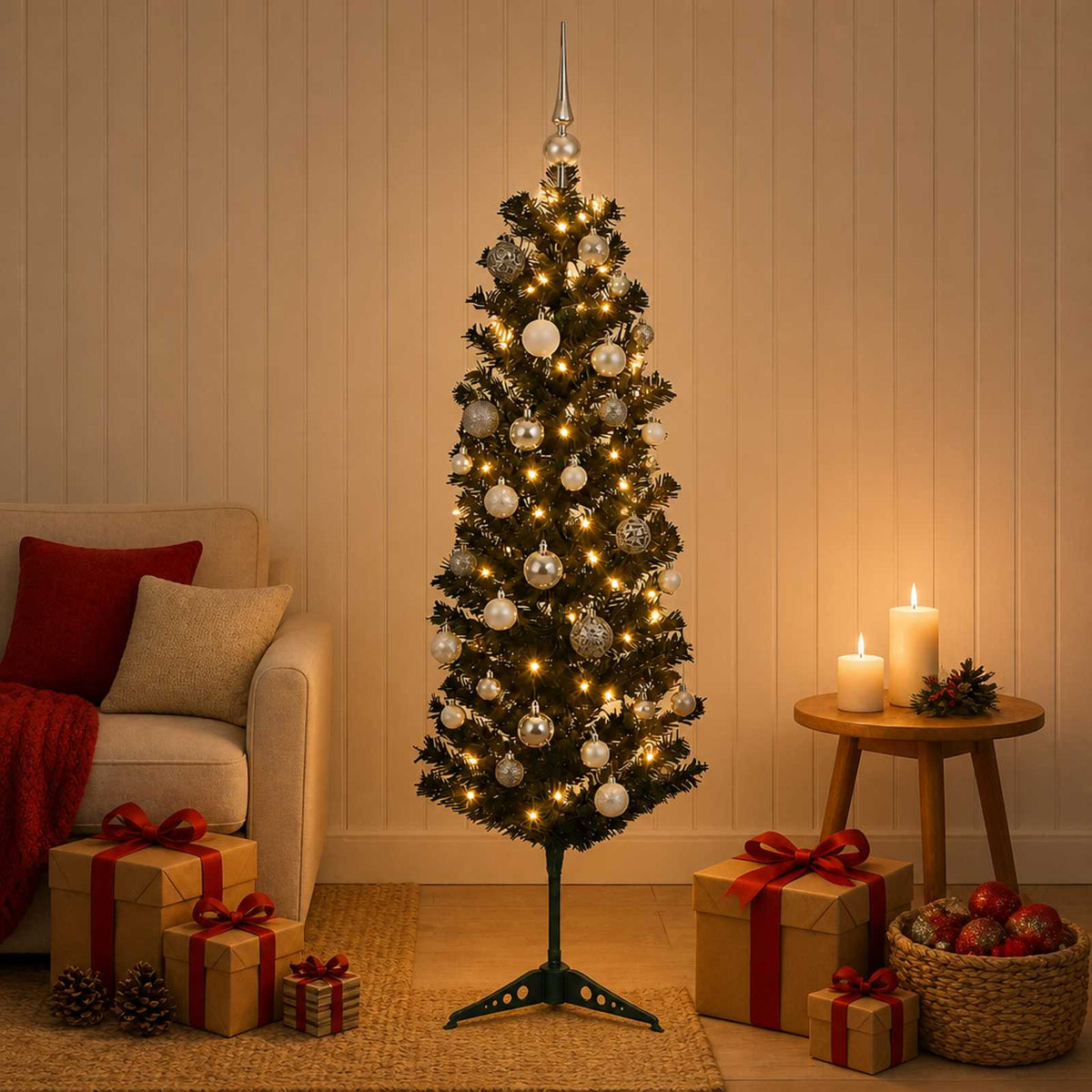 vidaXL Artificial Slim Christmas Tree with Bauble 150 cm 150 LEDs 3