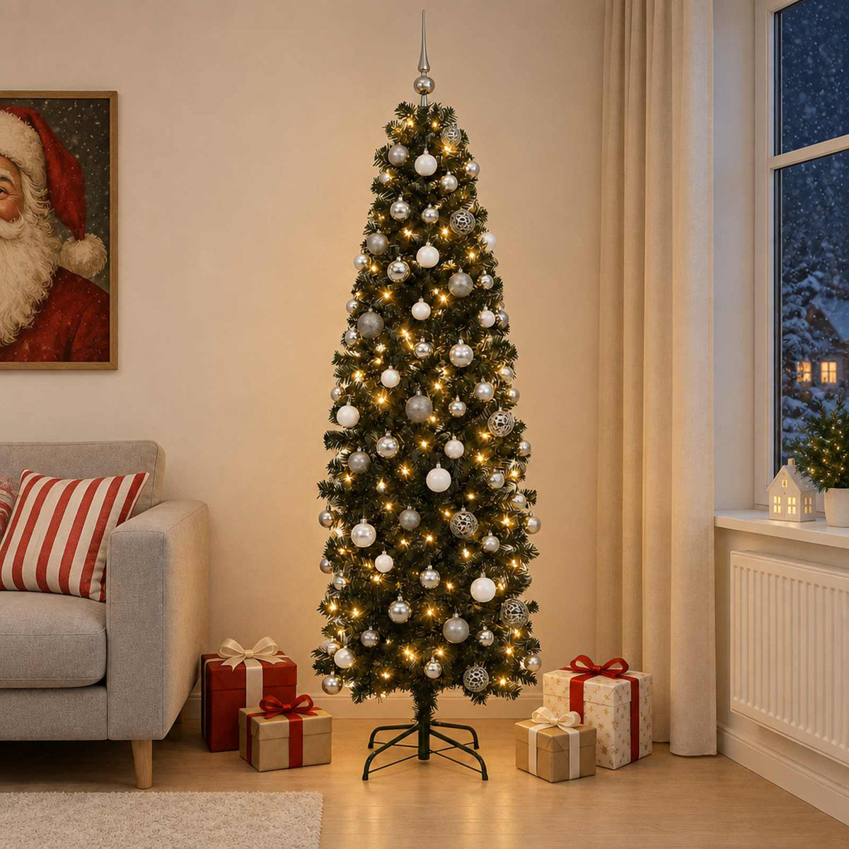 vidaXL Artificial Slim Christmas Tree with Bauble 210 cm 300 LEDs 1