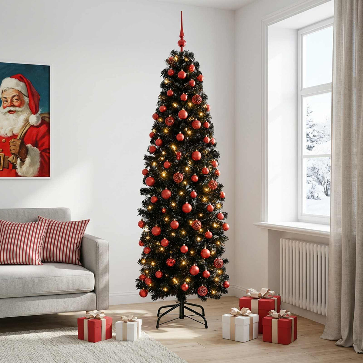 vidaXL Artificial Slim Christmas Tree with Bauble 210 cm 300 LEDs 1