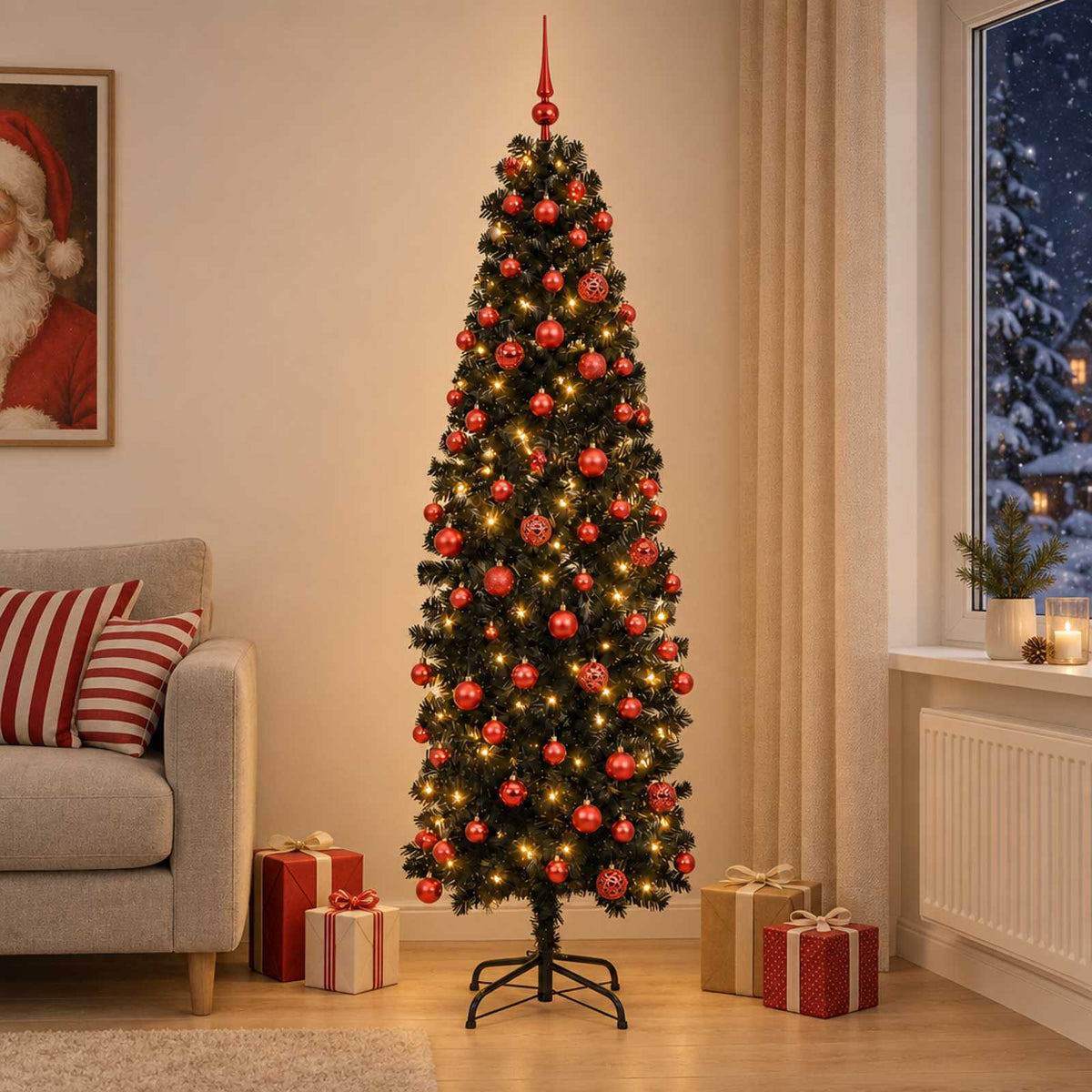 vidaXL Artificial Slim Christmas Tree with Bauble 210 cm 300 LEDs 3