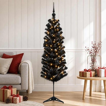 Artificial Slim Christmas Tree with Bauble 150 LEDs 150 cm with LEDs & black balls