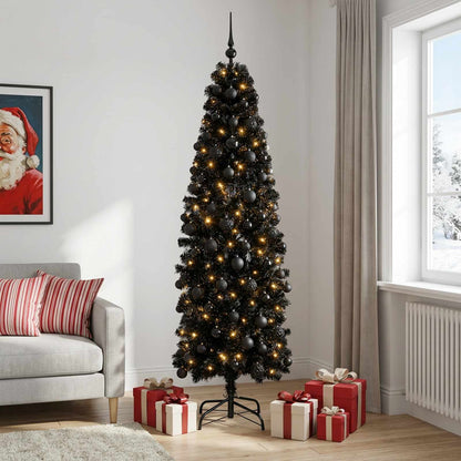 Artificial Slim Christmas Tree with Bauble 300 LEDs 180 cm with LEDs & black balls
