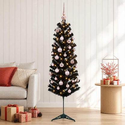 Artificial Slim Christmas Tree with Bauble 150 LEDs 150 cm with LEDs & pink balls