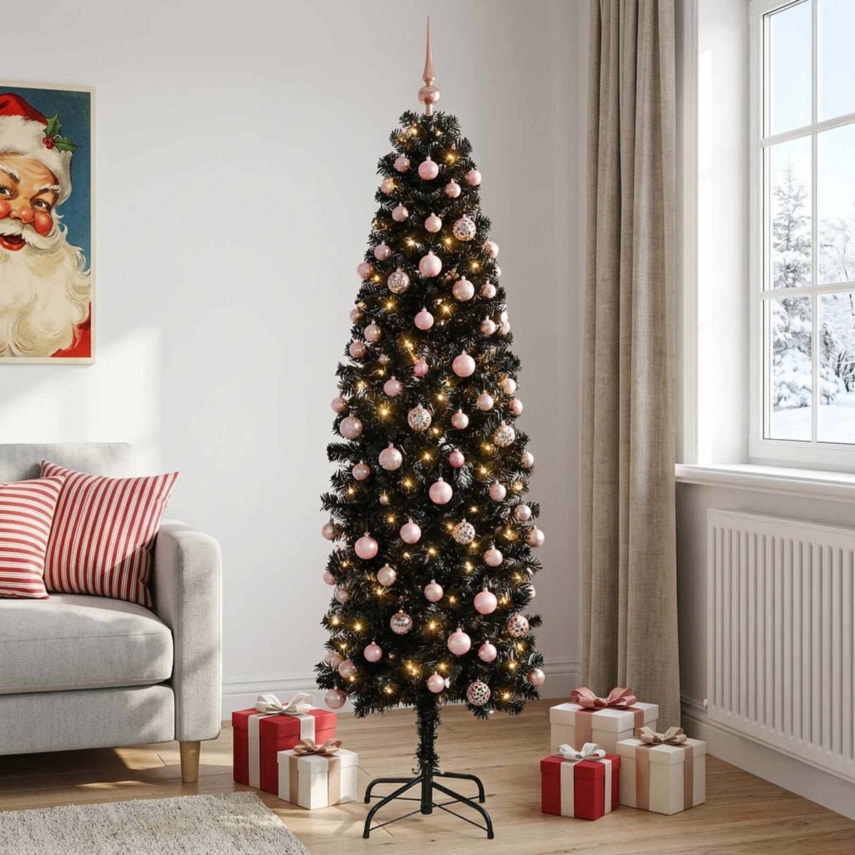 Artificial Slim Christmas Tree with Bauble 300 LEDs 210 cm with LEDs & pink balls