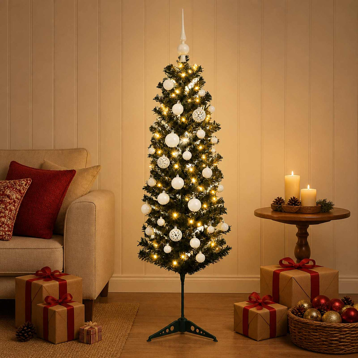 Artificial Slim Christmas Tree with Bauble 150 LEDs 150 cm with LEDs & white balls