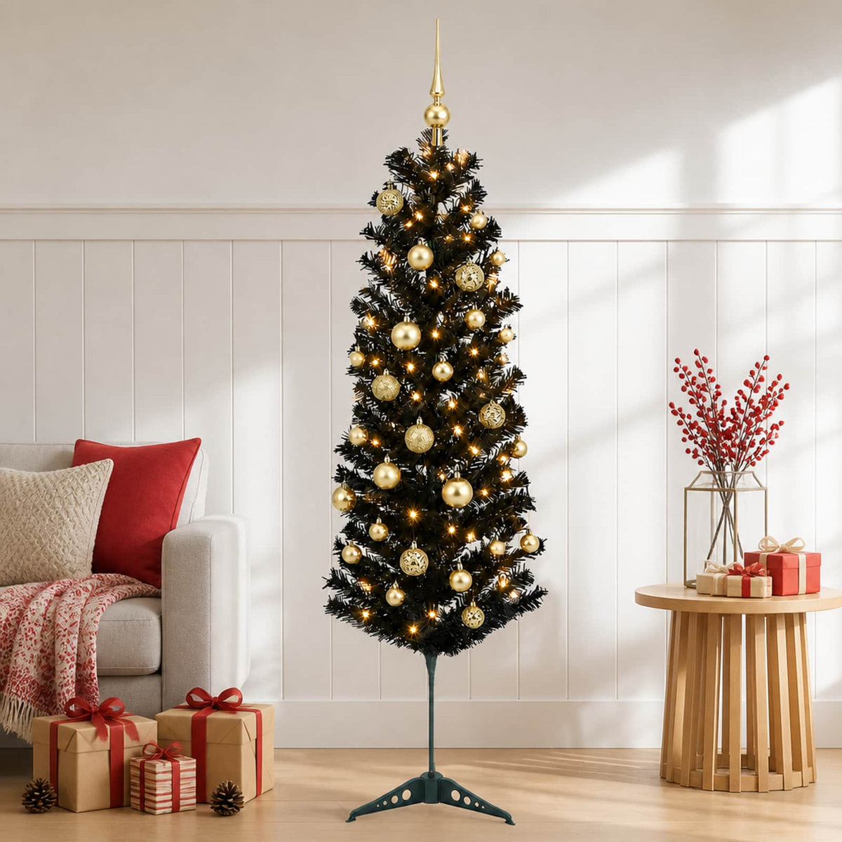 Artificial Slim Christmas Tree with Bauble 150 LEDs 120 cm with LEDs & gold/bronze balls