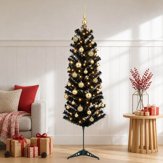 Artificial Slim Christmas Tree with Bauble 150 LEDs 120 cm with LEDs & gold/bronze balls