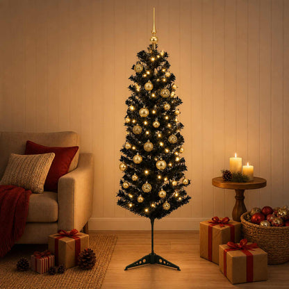 Artificial Slim Christmas Tree with Bauble 150 LEDs 120 cm with LEDs & gold/bronze balls