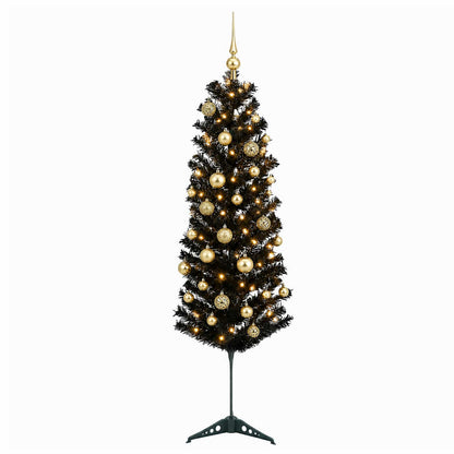 Artificial Slim Christmas Tree with Bauble 150 LEDs 120 cm with LEDs & gold/bronze balls