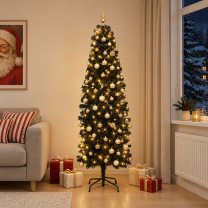 Artificial Slim Christmas Tree with Bauble 300 LEDs 180 cm with LEDs & gold/bronze balls