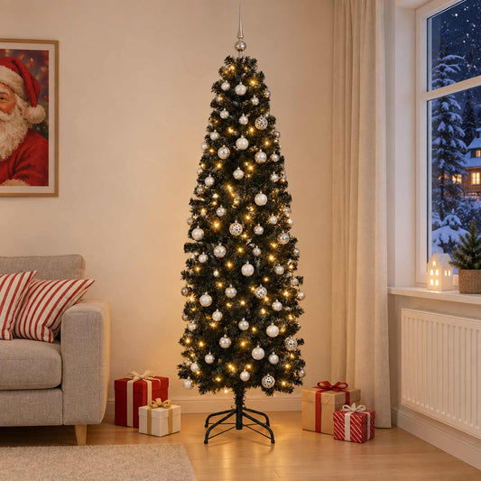 vidaXL Artificial Slim Christmas Tree with Bauble 210 cm 300 LEDs 1
