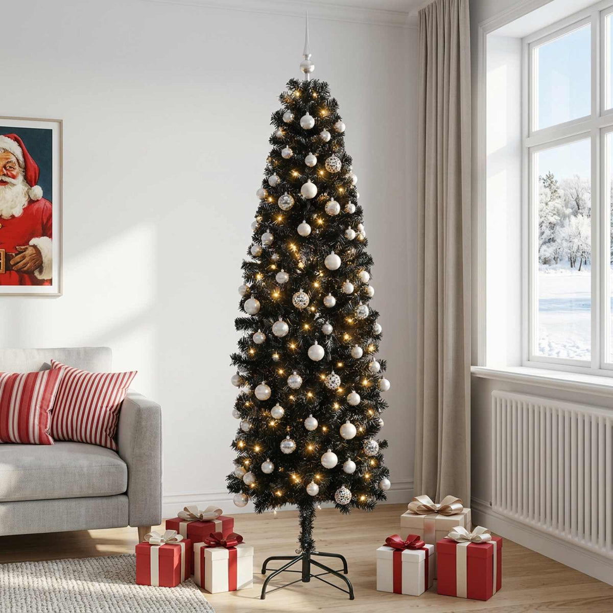 vidaXL Artificial Slim Christmas Tree with Bauble 210 cm 300 LEDs 3