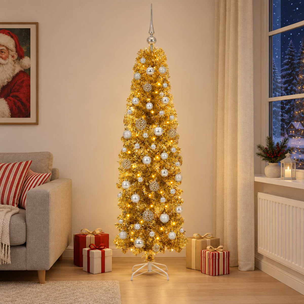 vidaXL Artificial Slim Christmas Tree with Bauble 180 cm 300 LEDs 1