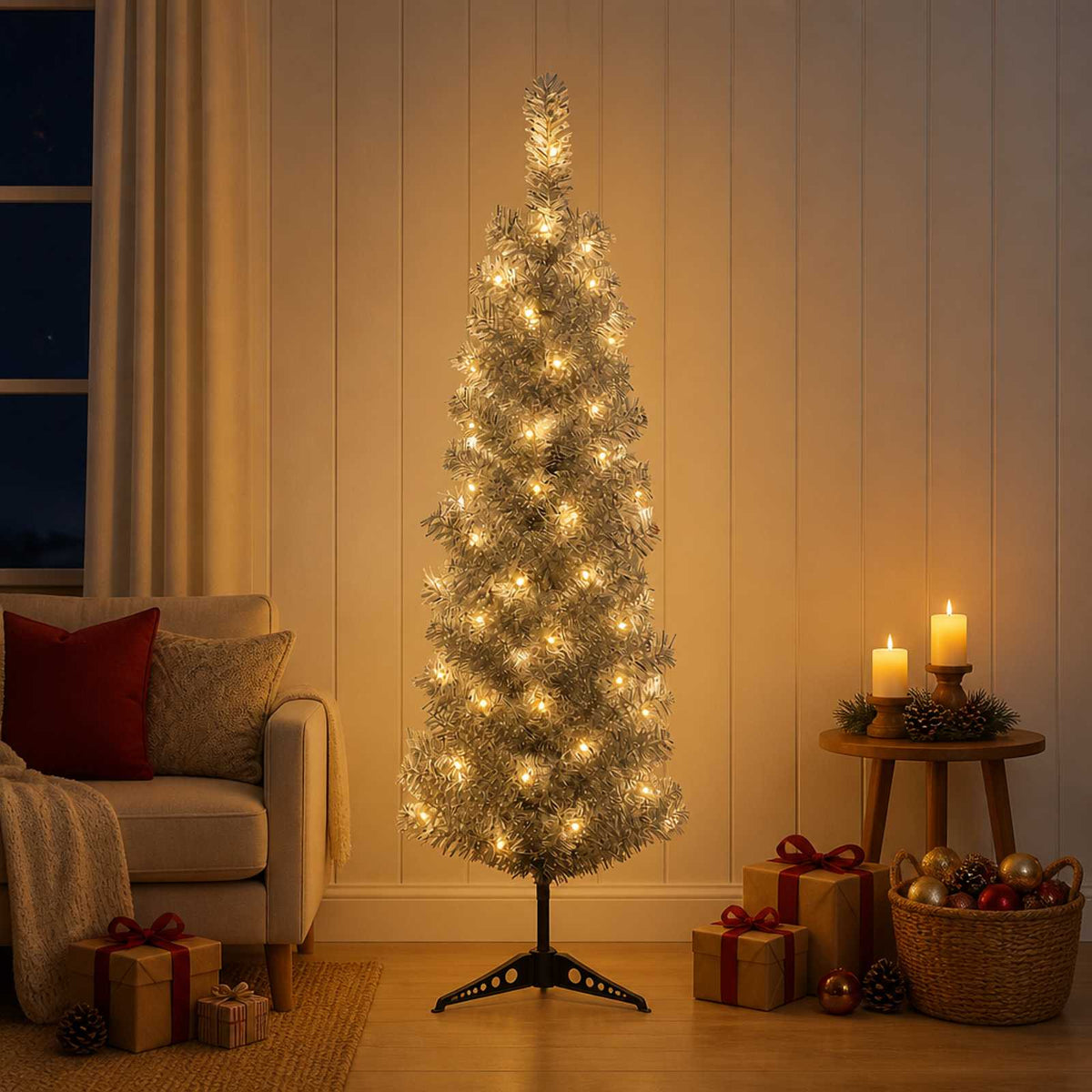Artificial Slim Christmas Tree with Bauble 150 LEDs 150 cm with LEDs