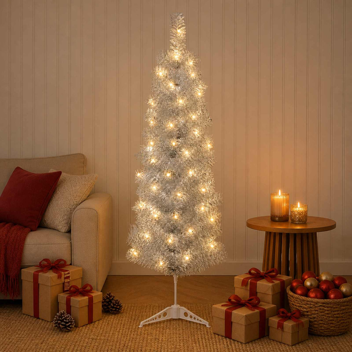 Artificial Slim Christmas Tree with Bauble 150 LEDs 150 cm with LEDs