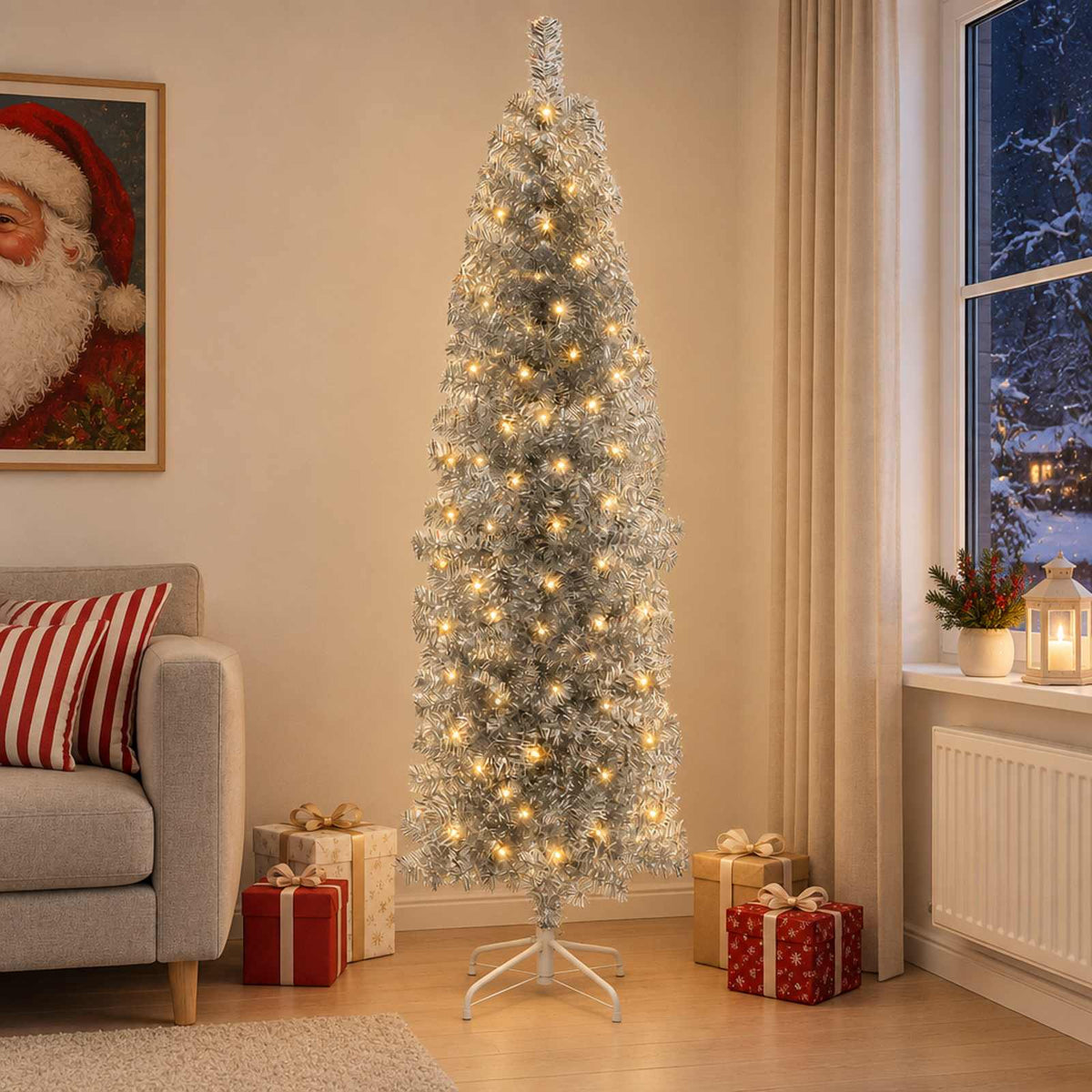 Artificial Slim Christmas Tree with Bauble 150 LEDs 180 cm with LEDs