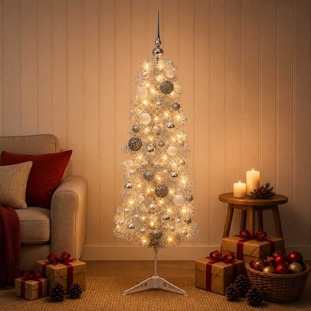vidaXL Artificial Slim Christmas Tree with Bauble 150 cm 150 LEDs 3