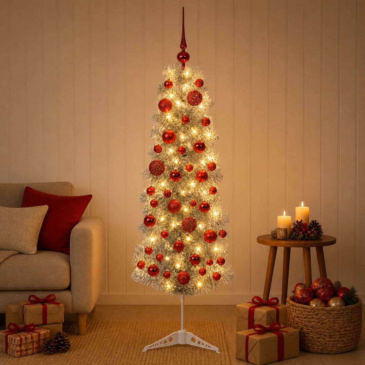 Artificial Slim Christmas Tree with Bauble 150 LEDs 150 cm with LEDs & red balls