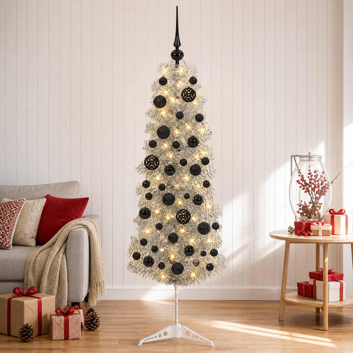 Artificial Slim Christmas Tree with Bauble 150 LEDs 150 cm with LEDs & black balls